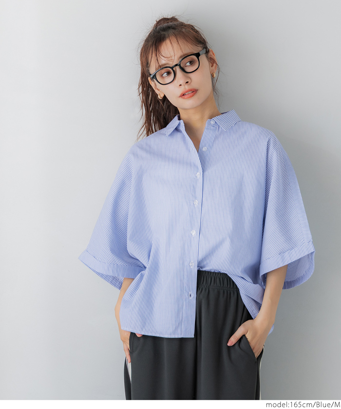 Qoo10 coca ドルマンシャツ ストライプ 5分袖 ボタ