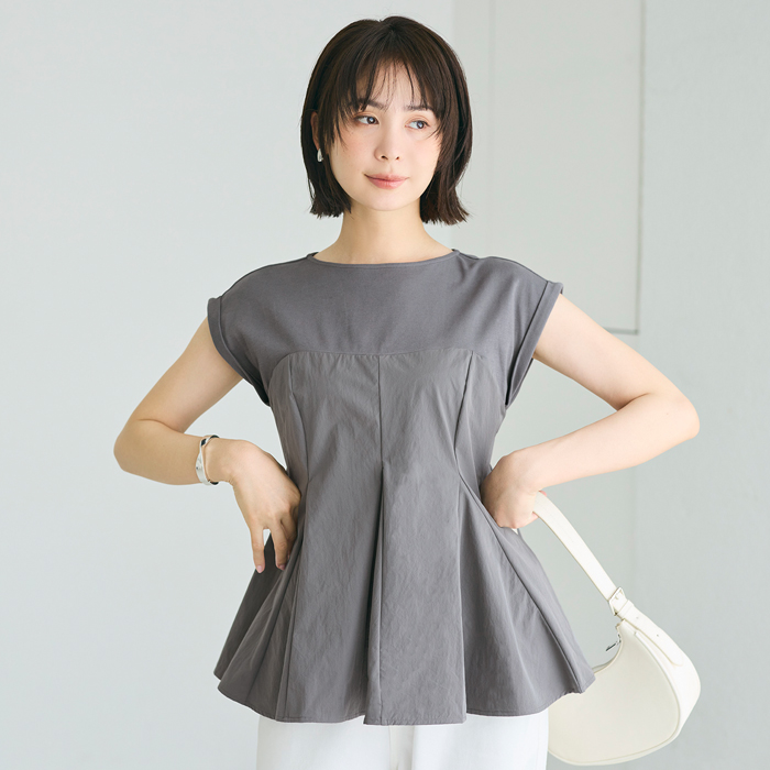 異素材切り替えペプラムTシャツ