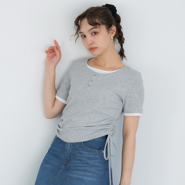 異素材切り替えペプラムTシャツ
