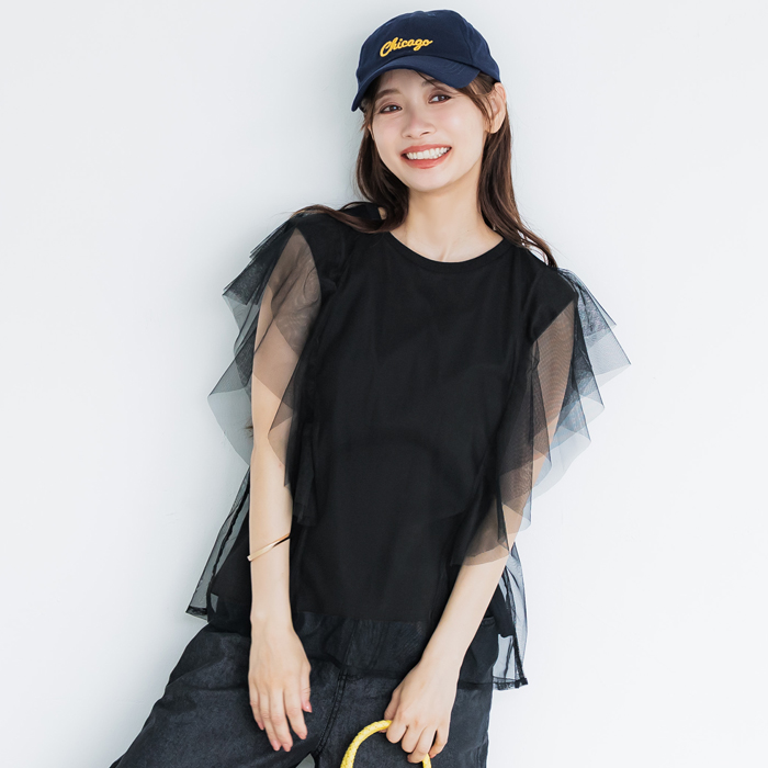 チュールレイヤードフレンチスリーブTシャツ